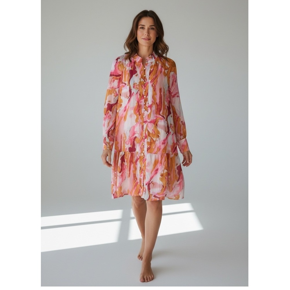 Fashion Pink Orange Abstract Print Button Down Ruffle Hem Mini Shirt Dress M NEW